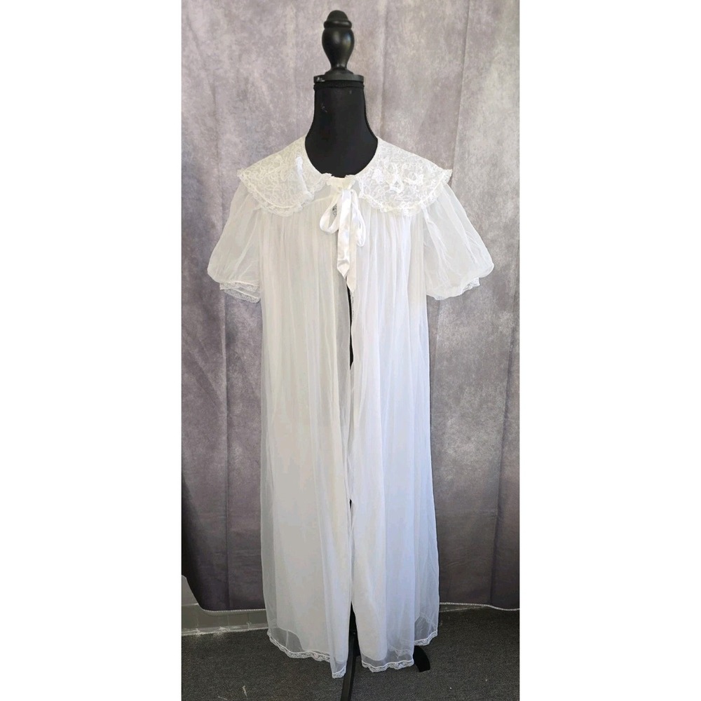 Vtg Radcliffe  Bridal Nightgown Lace Cover Nylon Collared Puff Sleeves 34 Flaws